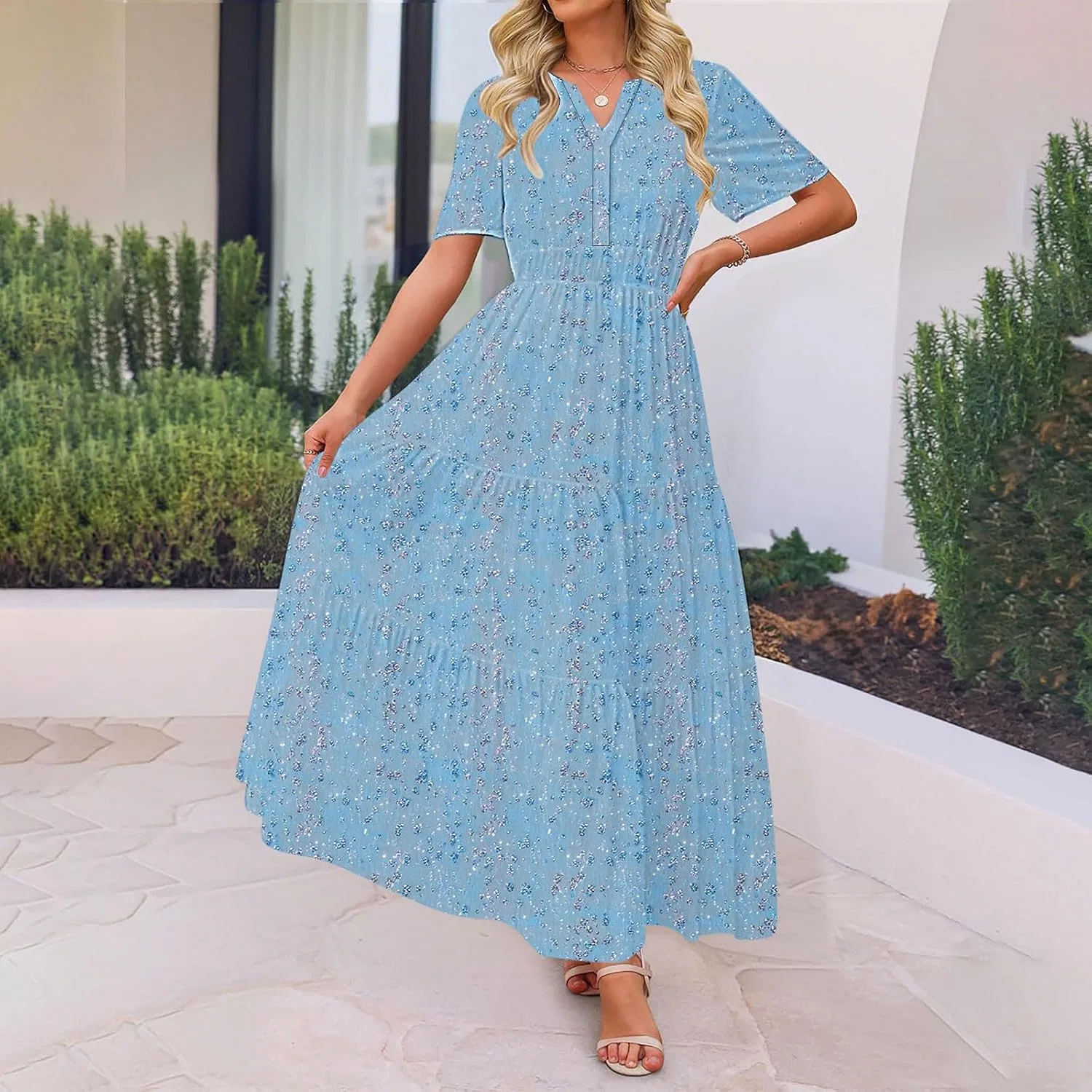 Женское летнее платье А-силуэта миди с коротким рукавом, Light Blue — фото 3