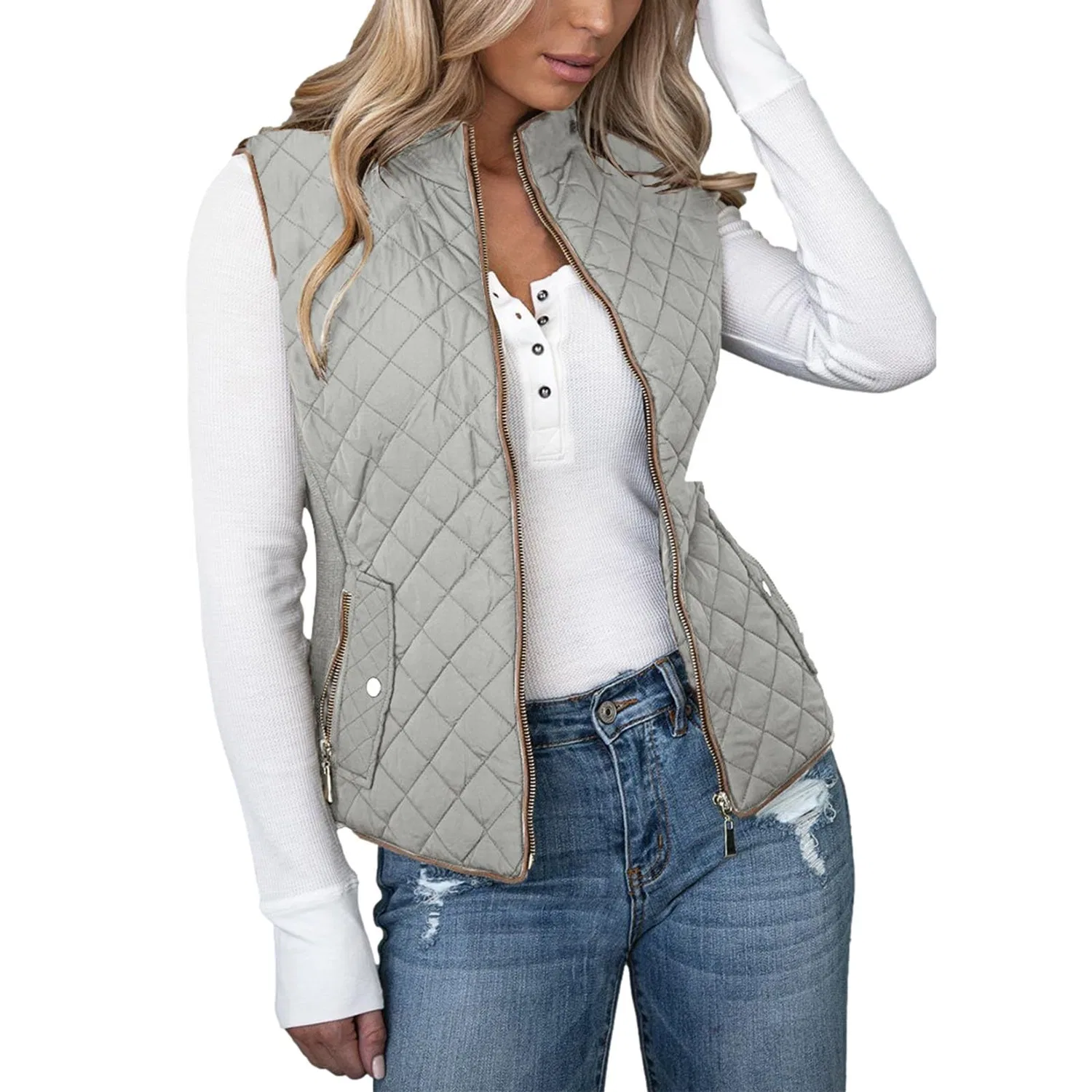 Женский жилет с принтом Attumn Winter Solid Composite Zipper Vest Jacket Sleeveless with Pocket Spring Jackets, Grey
