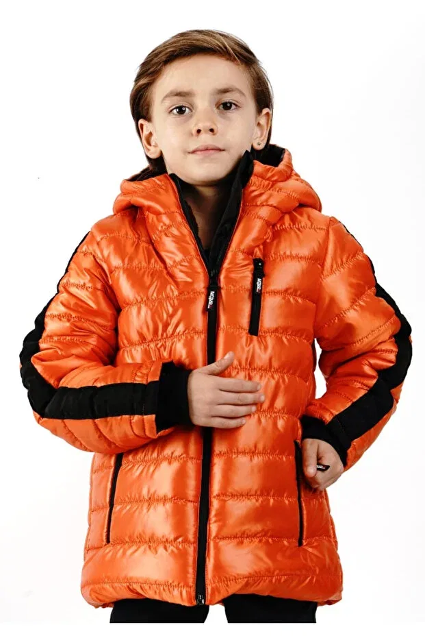 Детское пальто для мальчиков с принтом Boy'S Arm Stripe Patterned Hooded Coat with Fixed Hood, Plush Lining Inside, Zipper Pockets, Light Brick Color Coat Irem Çocuk Giyim, Open Tile