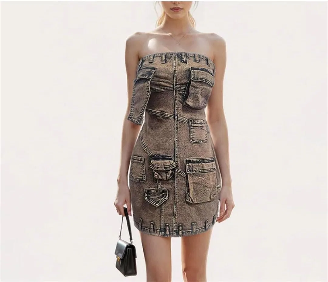 Женское джинсовое платье с открытыми плечами Casual, Blue — фото 2