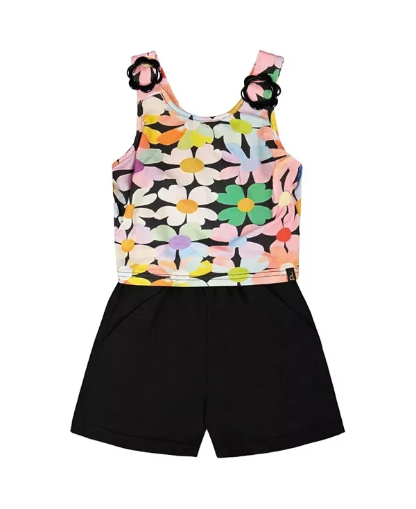 Детский комбинезон для девочек без рукавов с цветочным принтом Deux Par Deux, Black Floral Print