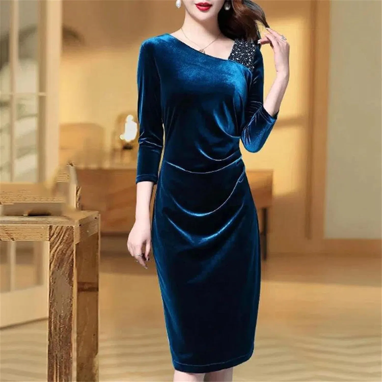 Женское облегающее платье из велюра с запахом Bodycon, Wine Red — фото 2