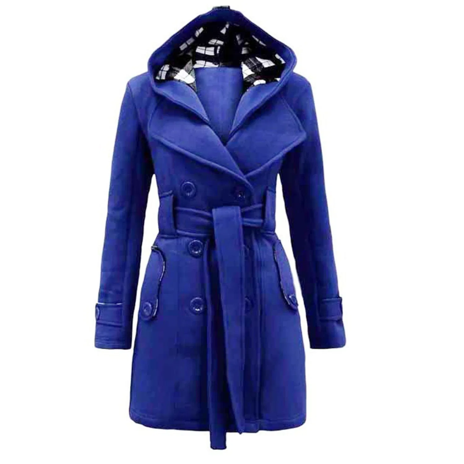 Женское зимнее пальто с капюшоном и поясом Classic Double Breasted Coat, blue — фото 4