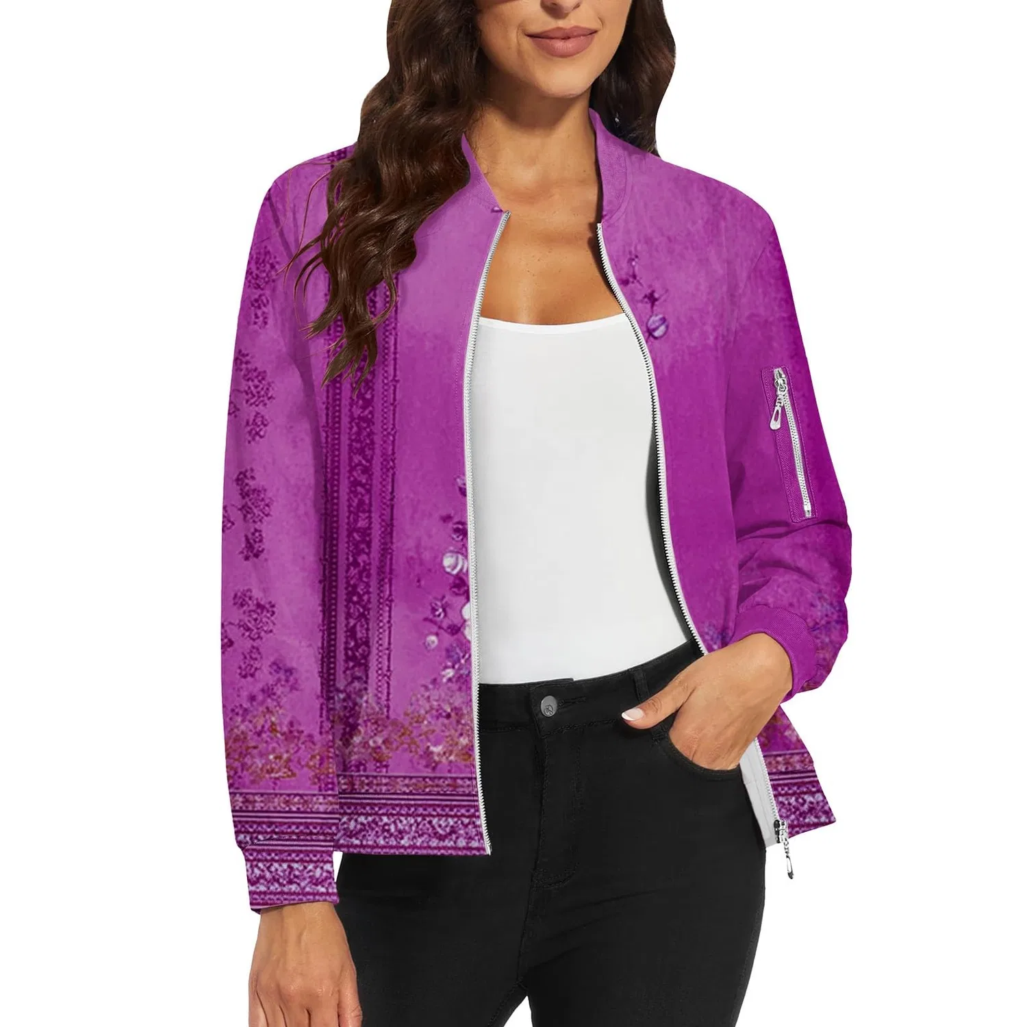 Женская куртка-бомбер с принтом, модель Summer Printed Slim Jacket, Lilac 3