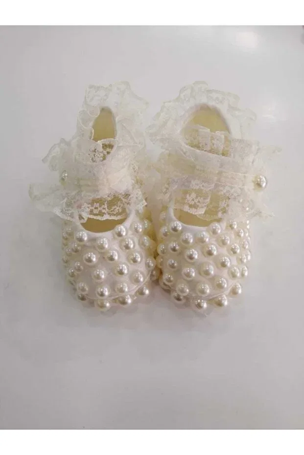 Детские пинетки для девочек кружевные с жемчугом Bircan Baby, Cream