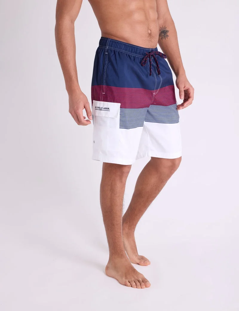 Мужские шорты для плавания U.S. Polo Assn. 10" Colorblock Stripe Cargo, темно-синий/красный/белый — фото 4