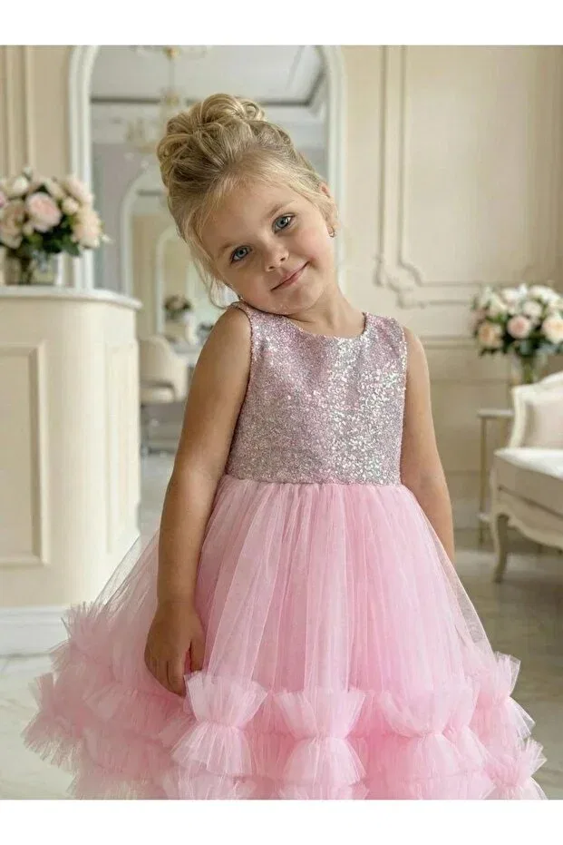 Детское платье для девочек с пайетками с длинным рукавом Butikhappykids, Pink — фото 3