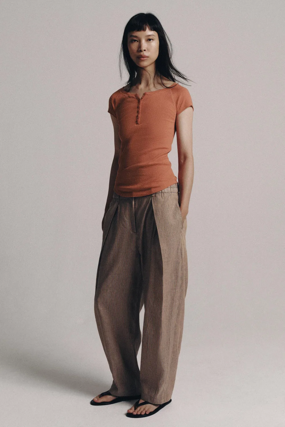 Футболка из льняной смеси с пуговицами ZARA, Terracotta