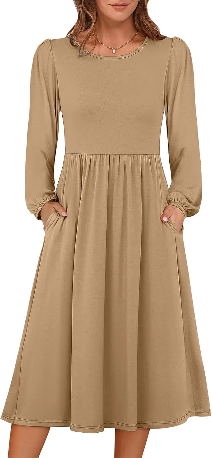 Женское платье миди с длинным рукавом A-силуэта, Khaki