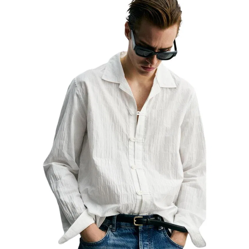 Мужская рубашка с отложным острым воротником White ZARA, White — фото 4