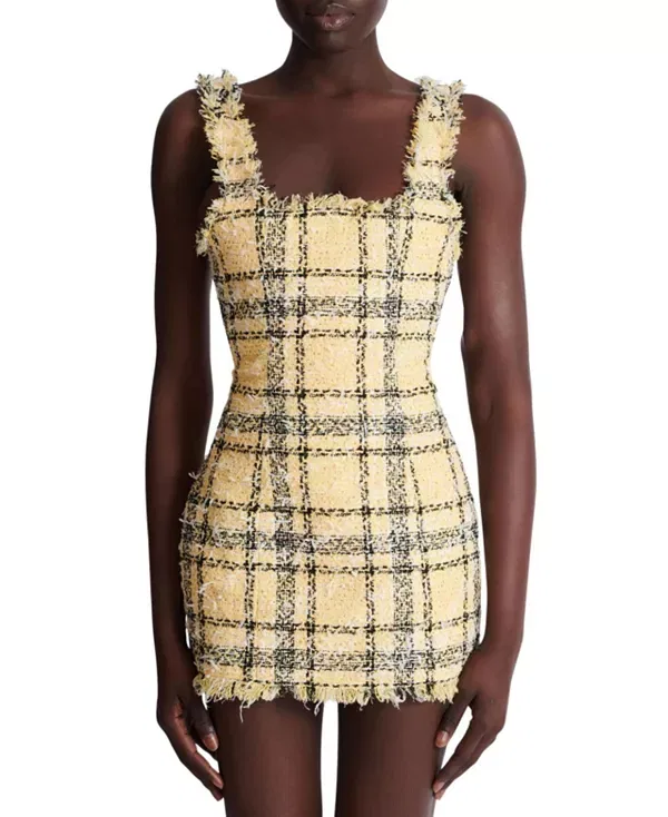 Женское платье с принтом Short Strappy Dress in Glitter Tweed Balmain, желтый — фото 4