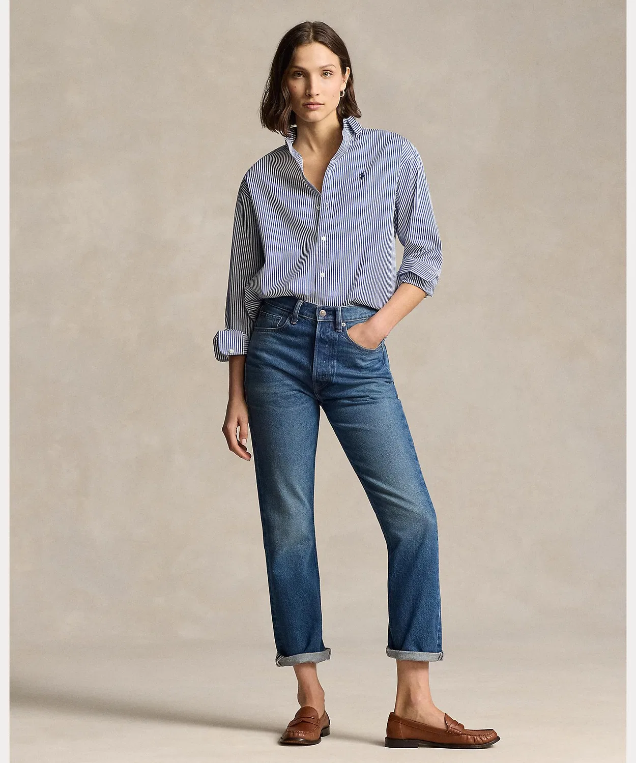 Женская хлопковая рубашка с длинным рукавомStripe Cotton Shirt POLO RALPH LAUREN, Blue — фото 3