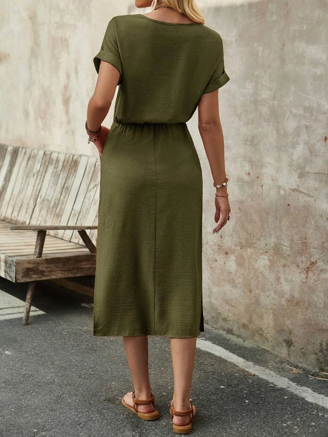 Женское летнее платье миди с узлом и разрезом, Army Green — фото 3