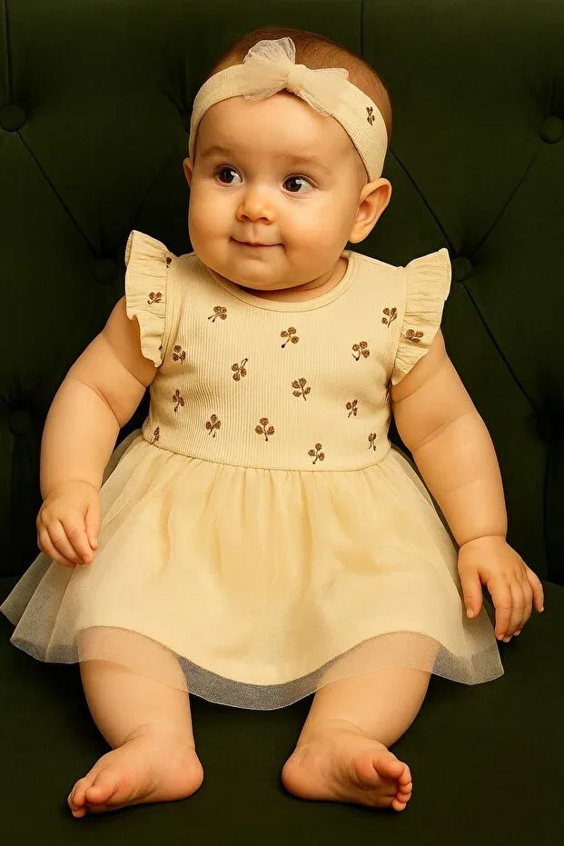 Детский комплект платье с короной из тюля с цветочной вышивкой Chicsy Baby, Nude Color — фото 2