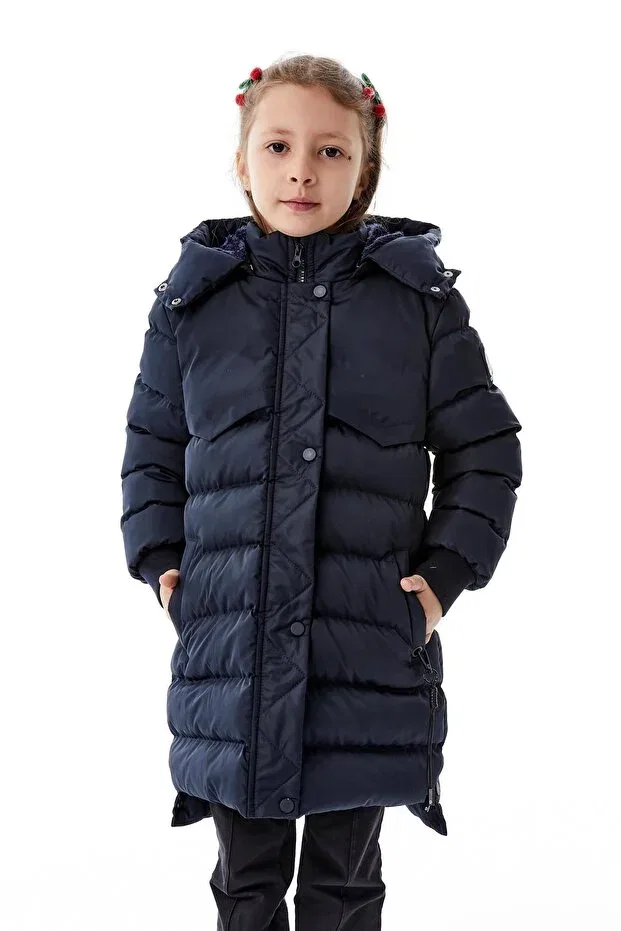 Детское зимнее пальто-пуховик для девочек с капюшоном Benitto Kids, Navy Blue