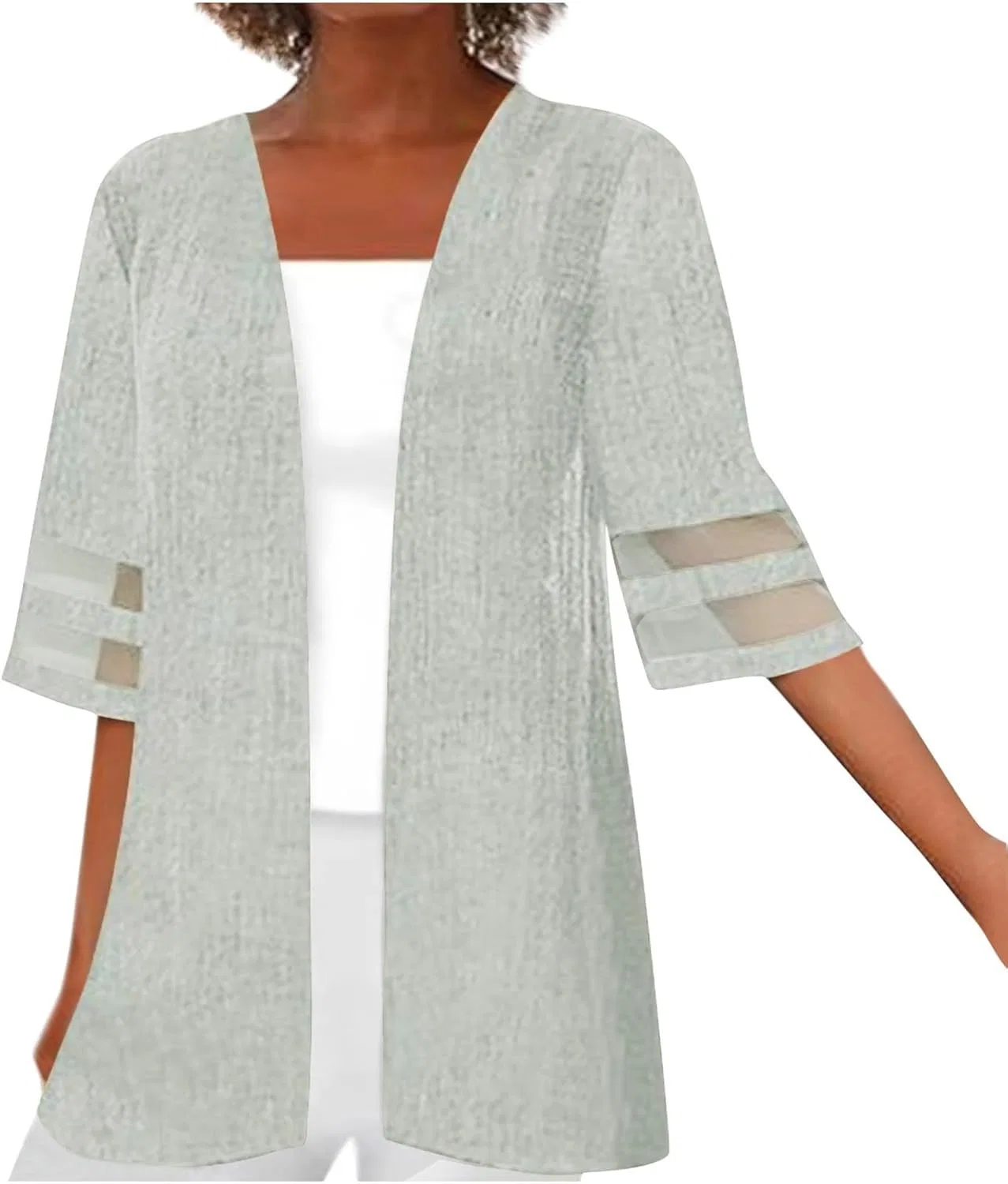 Женский кимоно-кардиган с кружевной отделкой, Open Front Loose Puff Sleeve, Gray