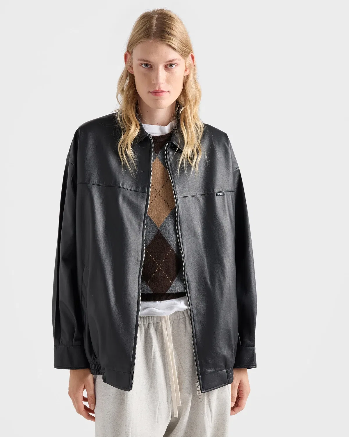 Кожаная куртка из наппы с воротником рубашечного покроя Prada, черный — фото 3