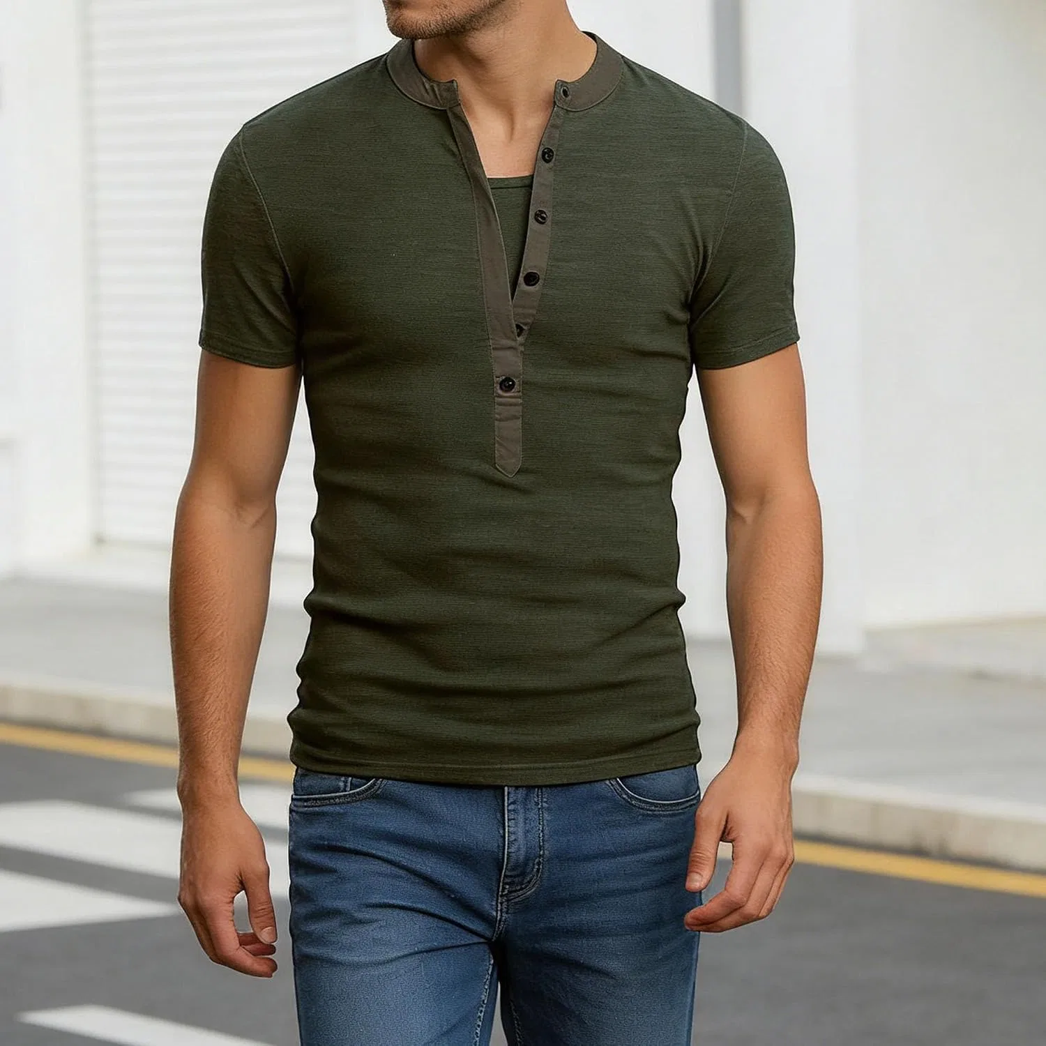 Мужская хлопковая футболка с коротким рукавом, Slim Fit, армейский зелёный — фото 2