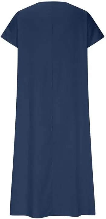 Женское летнее платье свободного кроя с V-образным вырезом, 100% Polyester, Blue — фото 3