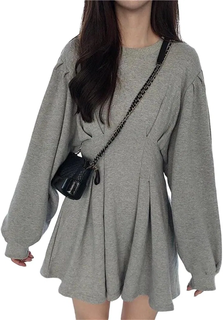 Женское платье с круглым вырезом длинным рукавом, Gray