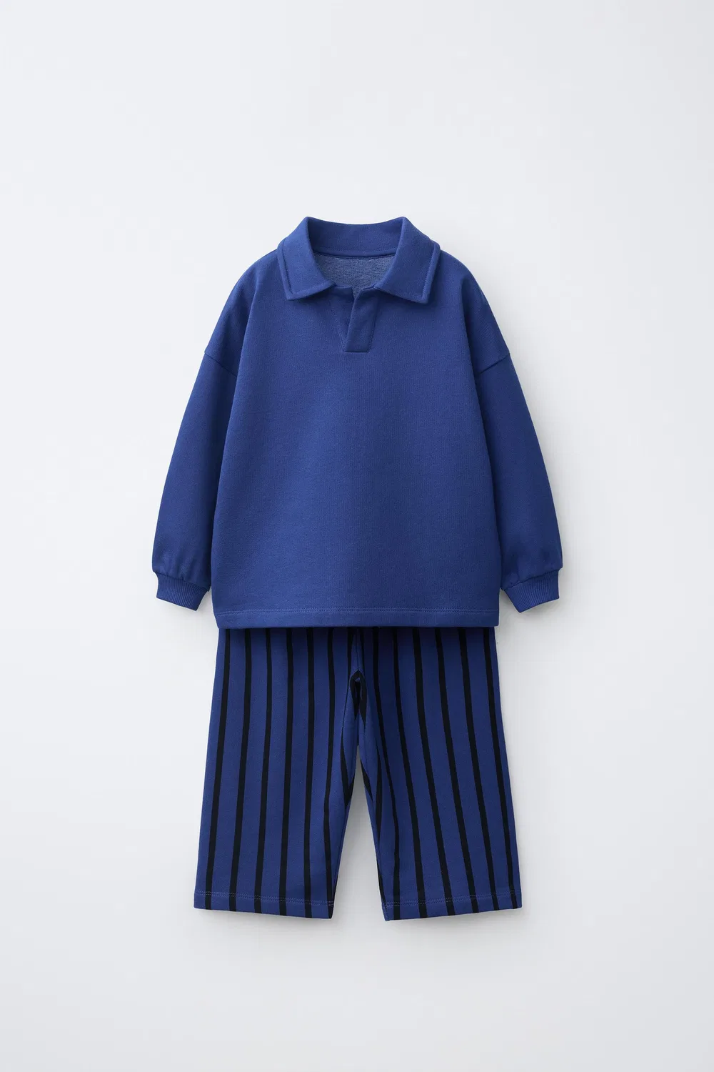 Комплект из полосатой толстовки-поло и широких брюк. ZARA, Bluish