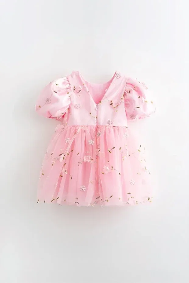 Детское платье из фатина с цветочным принтом Flower 3d Floral Detailed Embroidered Tulle Dress Banamio, Pink — фото 3