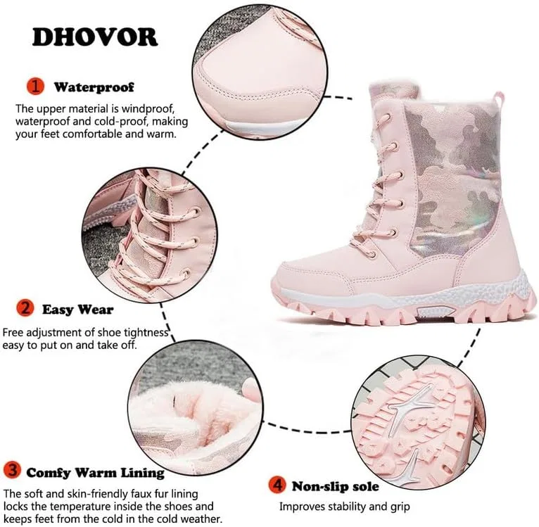 Детские зимние ботинки для девочек с принтом DHOVOR, Pink — фото 3