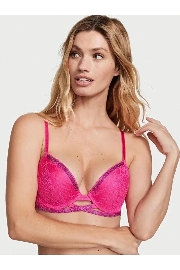 Женский бюстгальтер кружевной Shimmering Cross Strap Lace Push-Up Bra Victoria'S Secret, Hot Pink — фото 2