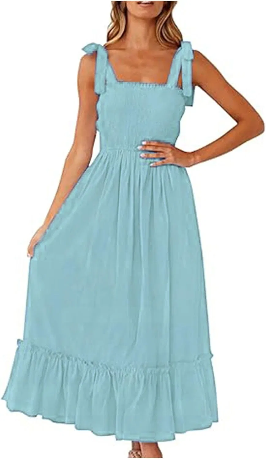 Женское летнее платье макси A-силуэта с рюшами, Light Blue