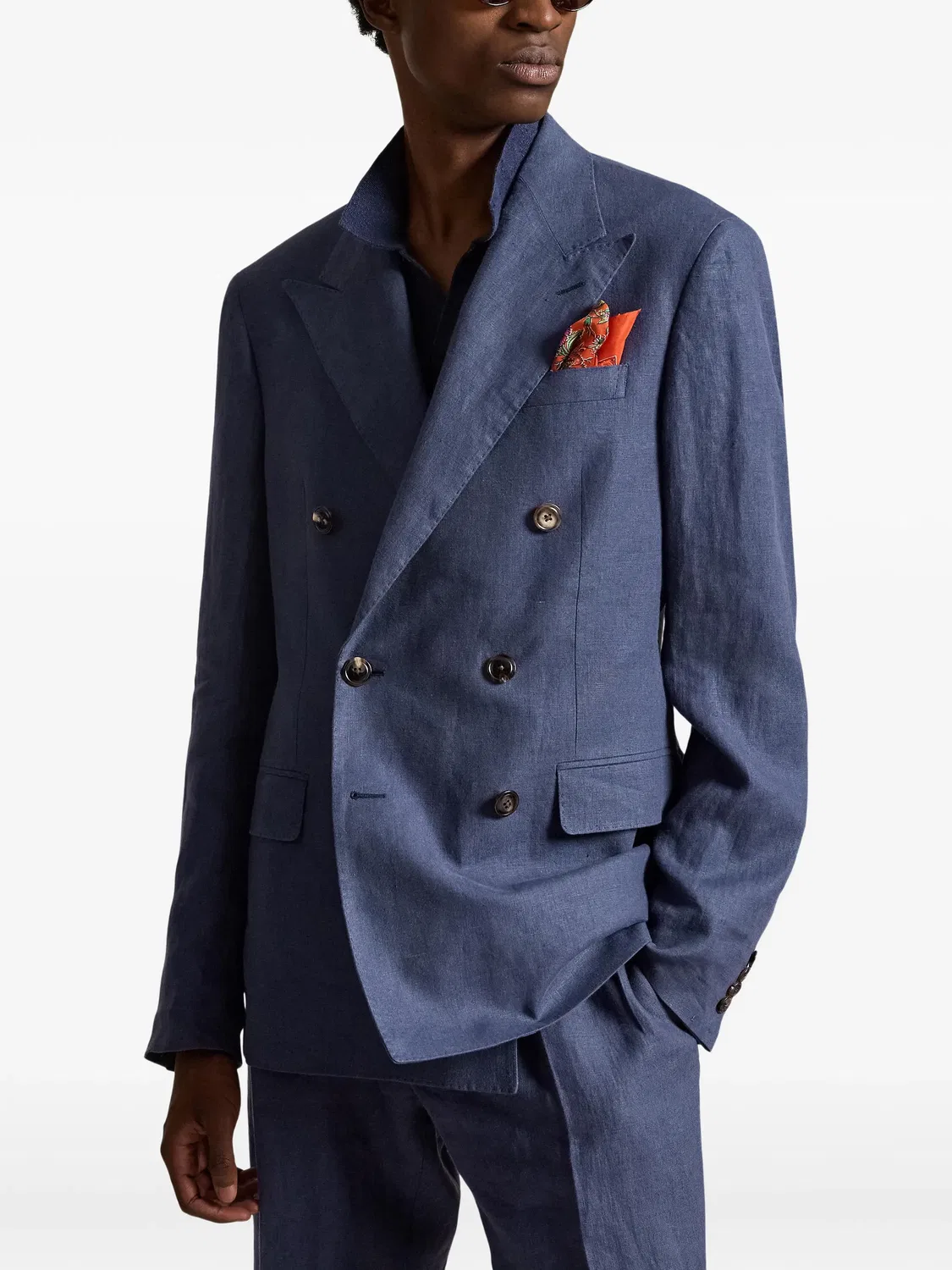 Льняной двубортный пиджак Polo Ralph Lauren, синий — фото 4