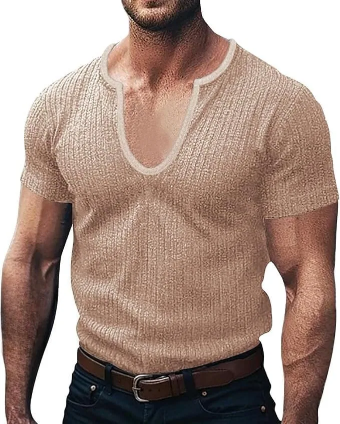 Мужская футболка с глубоким V-вырезом Ribbed Casual, Dark Khaki
