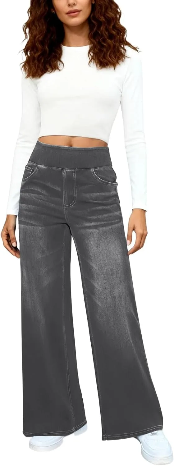 Широкие джинсы женские Casual Elastic High Waisted Stretchy Loose Relaxed Fit Pull On с карманами — фото 4