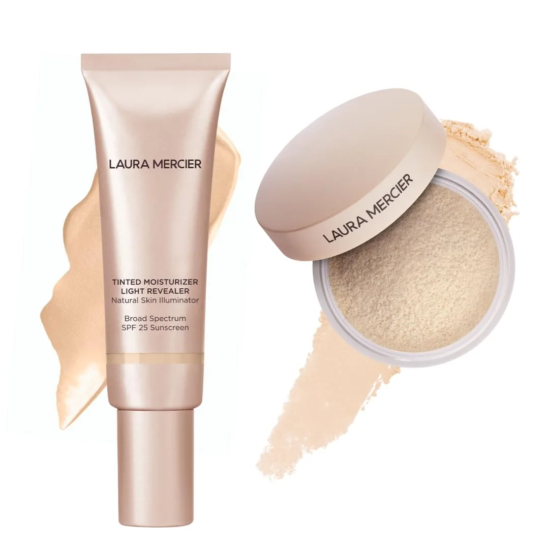 Laura Mercier Tinted Moisturizer Light Revealer с SPF 25, оттенок 0W1 Pearl, и рассыпчатая пудра Ultra-Blur с гиалуроновой кислотой, оттенок Translucent