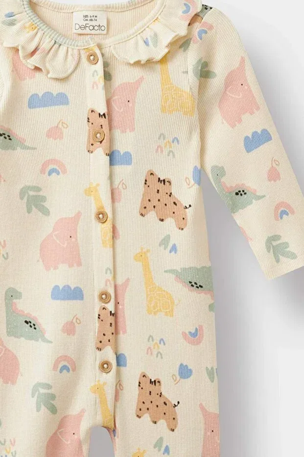 Детский комбинезон для девочек с принтом Animal Print Ribbed Long-Sleeved Romper Defacto, Ecru-Er233 — фото 2