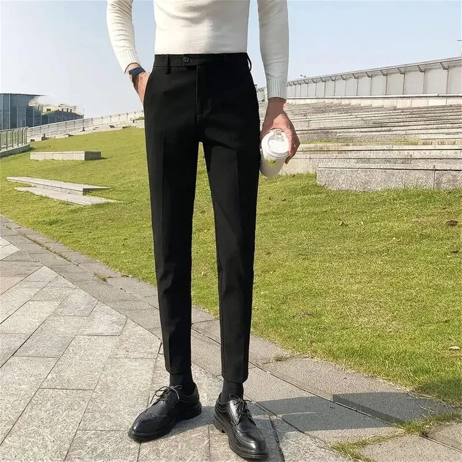 Мужские брюки классические с высокой посадкой, Black Long Pants — фото 2