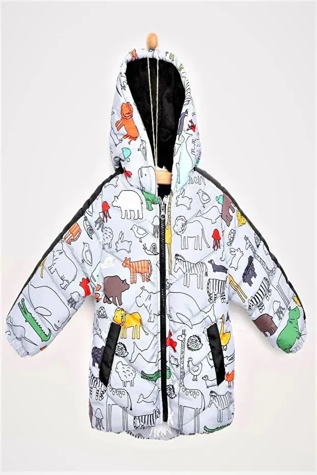 Детское пальто для девочек с капюшоном Soft fabric new season cute mixed animal patterned hooded winter baby coat with pockets Dekubaby, Beige