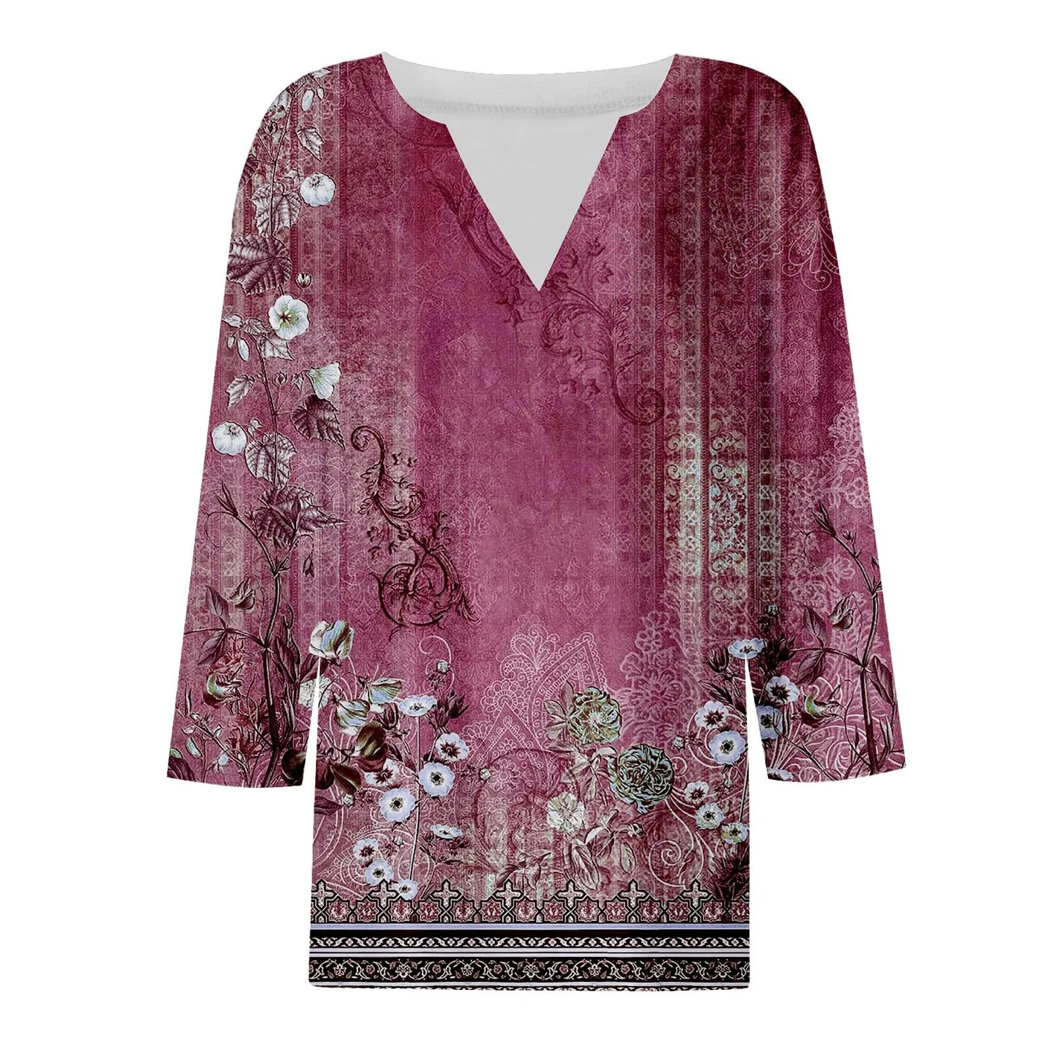 Женская блуза с принтом Women Blouses 3/4 Sleeve V Neck Casual Elegant Summer Boho Floral Print Blouses, 41#vino — фото 3