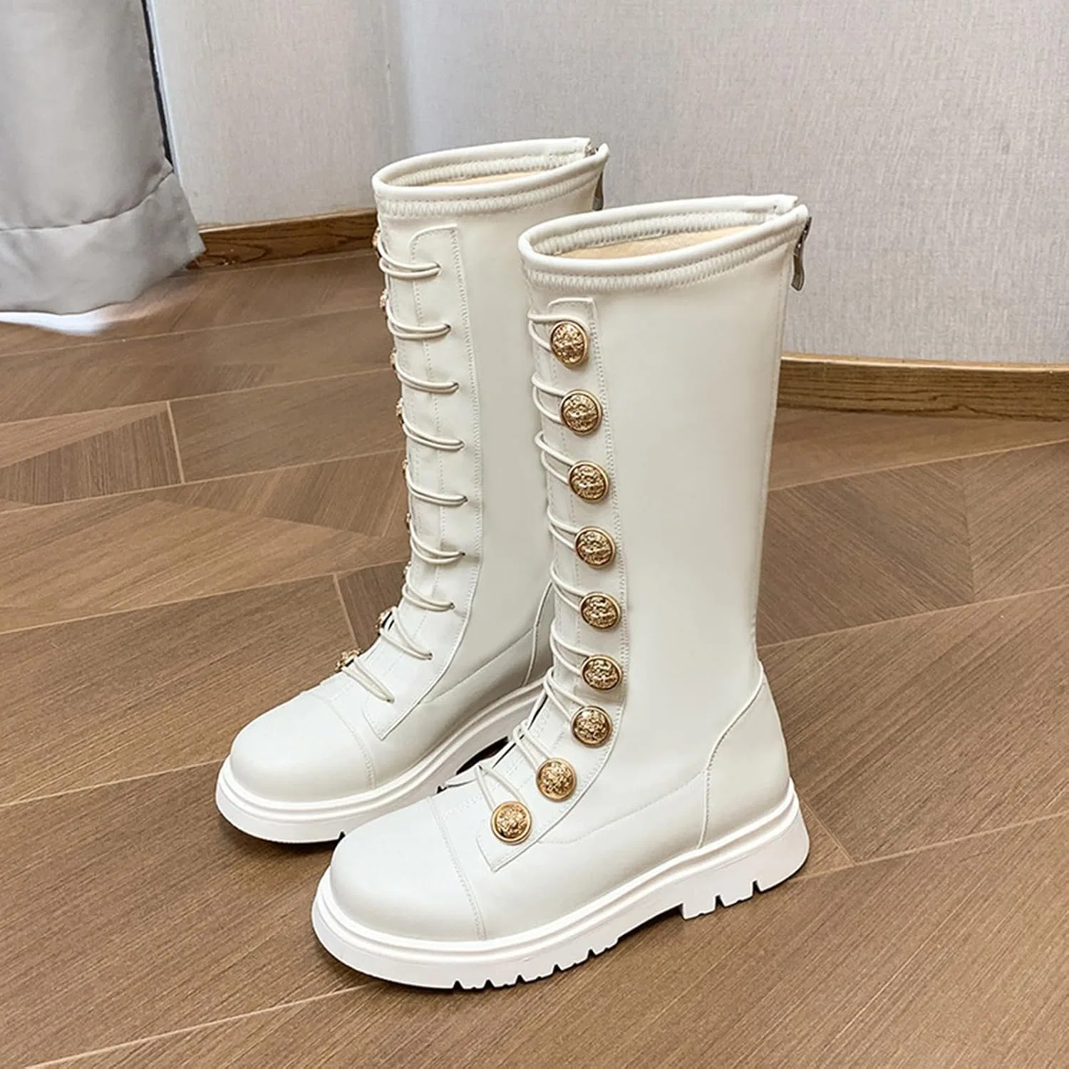 Детские сапоги для девочек с принтом, на шнуровке и молнии, White — фото 3
