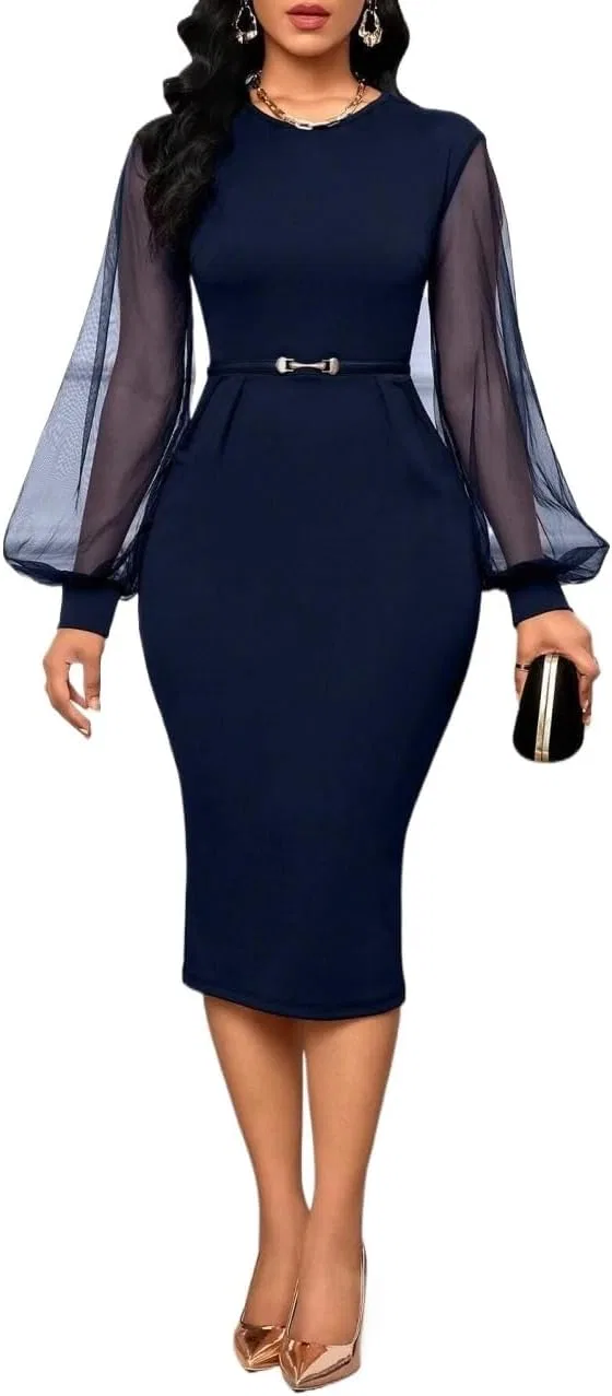 Женское элегантное платье-футляр с длинным рукавом Navy Blue