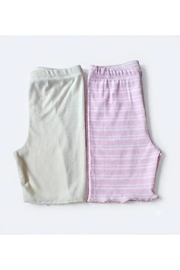Детские шорты для девочек хлопковые 2-piece camisole ribbed shorts Fun Kids Colthinig, Beige-Pink-Striped