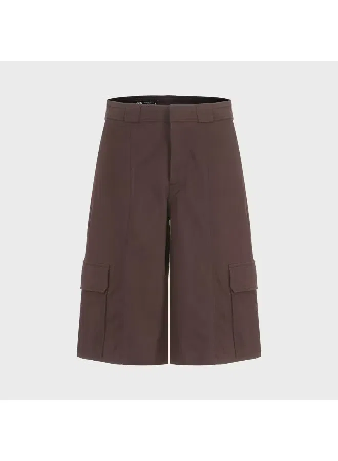Шорты-бермуды хлопковые с большими карманами Zara, коричневый — фото 2