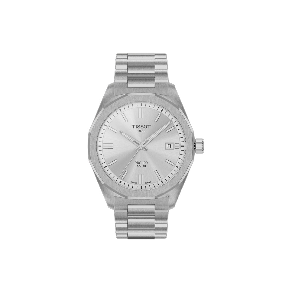 

TISSOT Часы Spotlight Collection PRC100 Solar Quartz Movement Unisex Watch 39mm Blue Dial Stainless Steel Watchband, Silver Dial