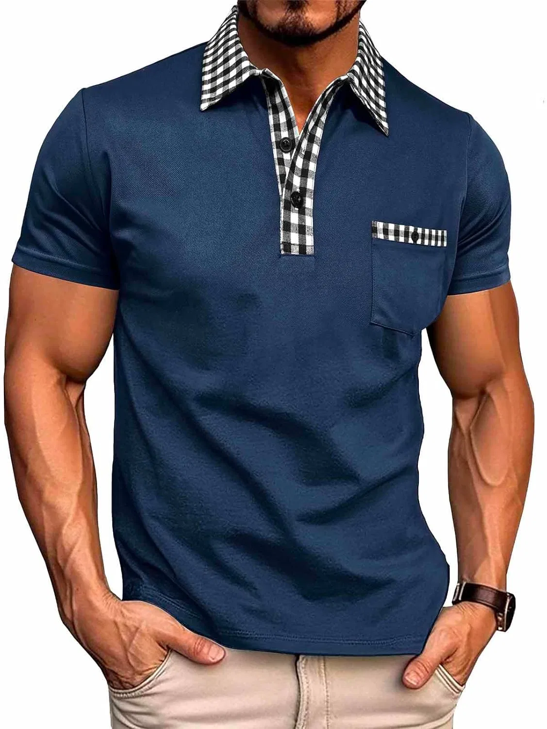Мужская футболка с воротником свободного кроя Plaid, Navy — фото 2