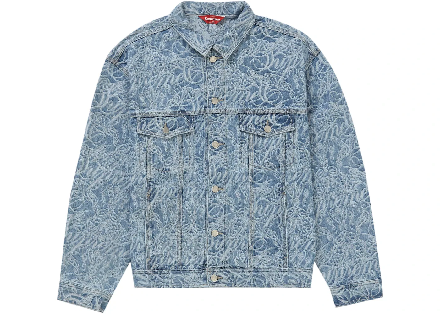 Мужская джинсовая куртка с жаккардовым принтом Supreme Script Jacquard Denim Trucker Jacket, Washed Blue