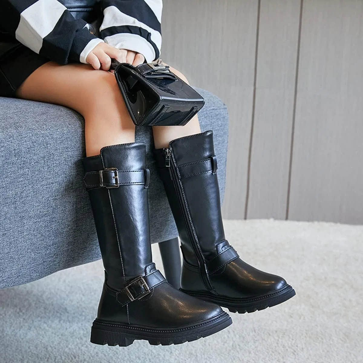Детские зимние ботинки для девочек с молнией BININBOX, Black — фото 3