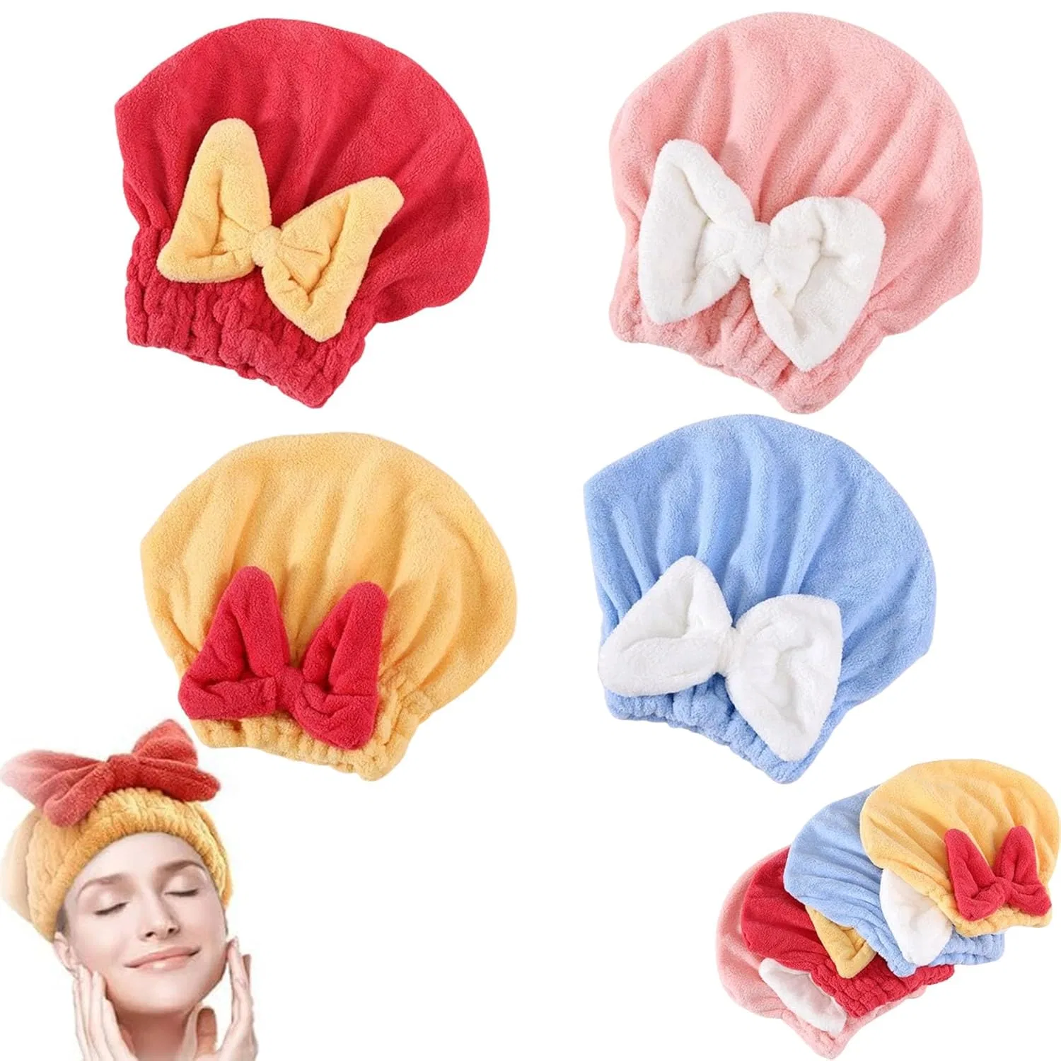 Шапочка для душа Microfibre Bow Tie Hair Towel Wrap, WEJDYKG, 4 шт, 27x28 см, Pink