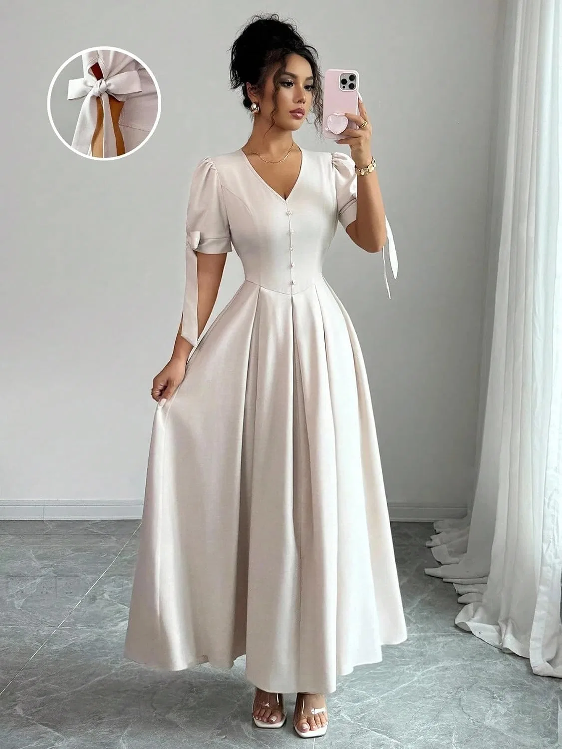 Женское летнее мини-платье с пышными рукавами, Apricot — фото 4