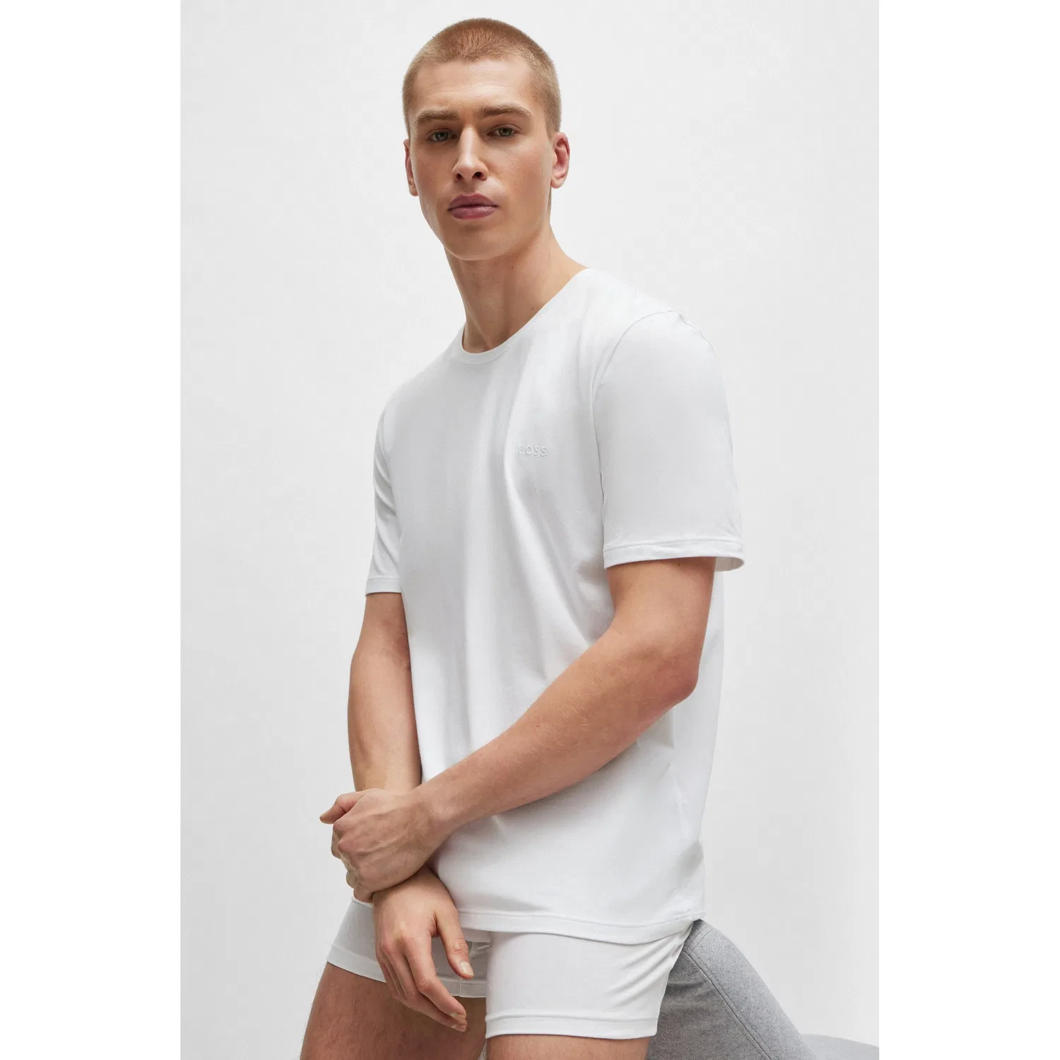 Мужская хлопковая футболка с круглым вырезом и вышивкой BOSS, White — фото 2