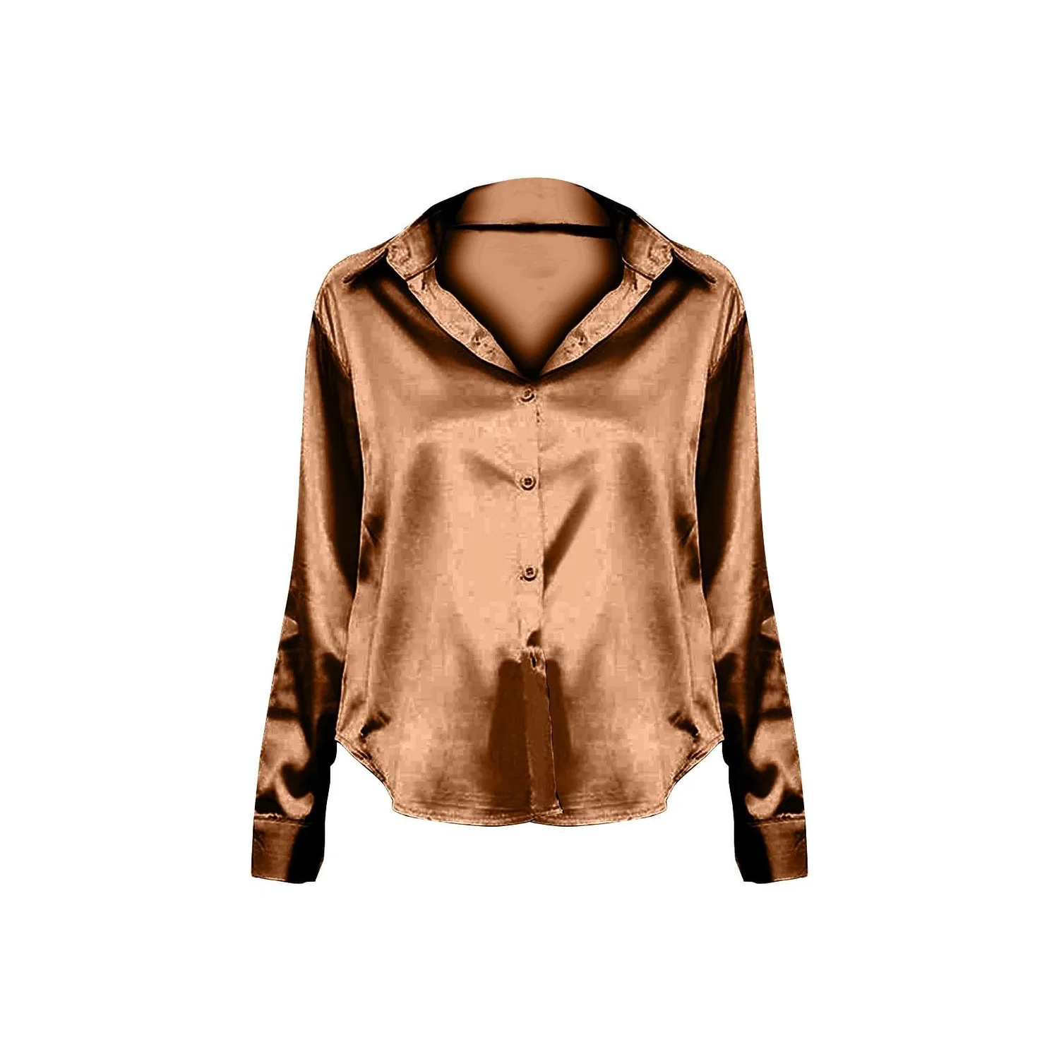 Женская блузка с длинным рукавом из атласа с V-образным вырезом, Caramel — фото 4