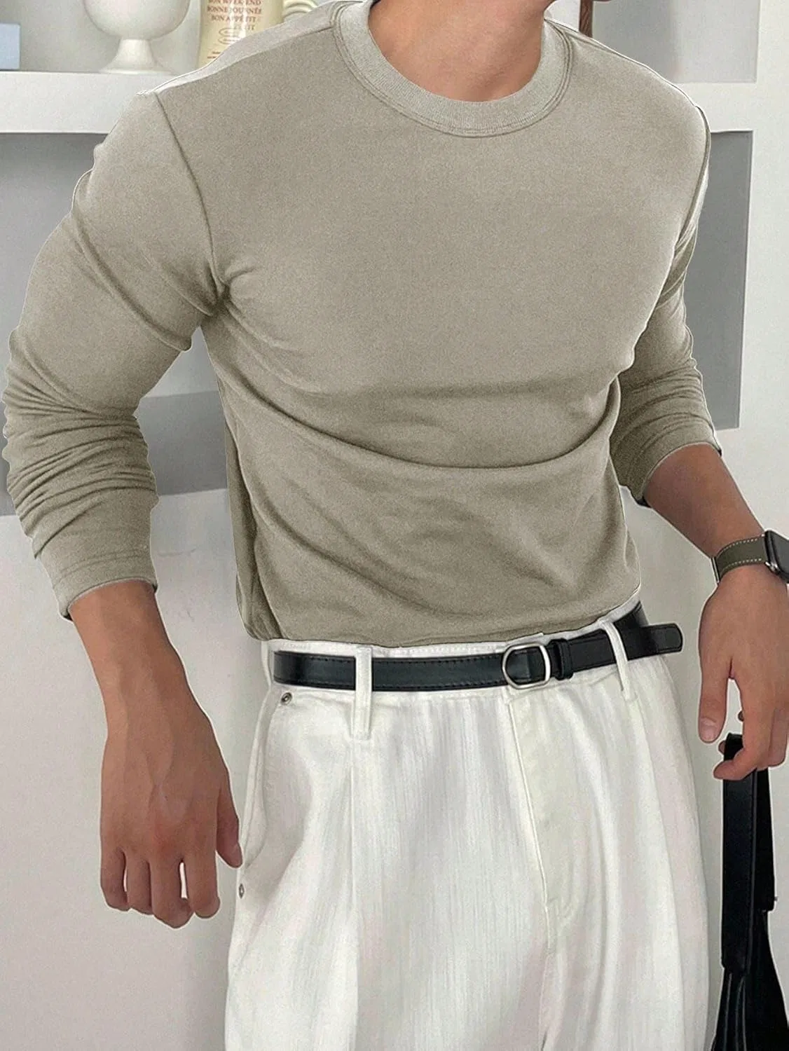 Мужская длинная футболка с круглым вырезом, Beige — фото 4